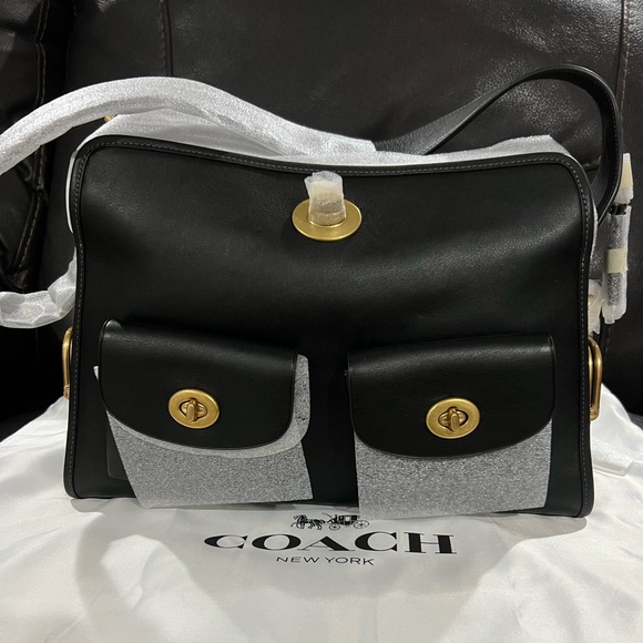 Coach Handbags - Coach Haversack Black Leather Shoulder Bag with Gold Turn-Lock Accents